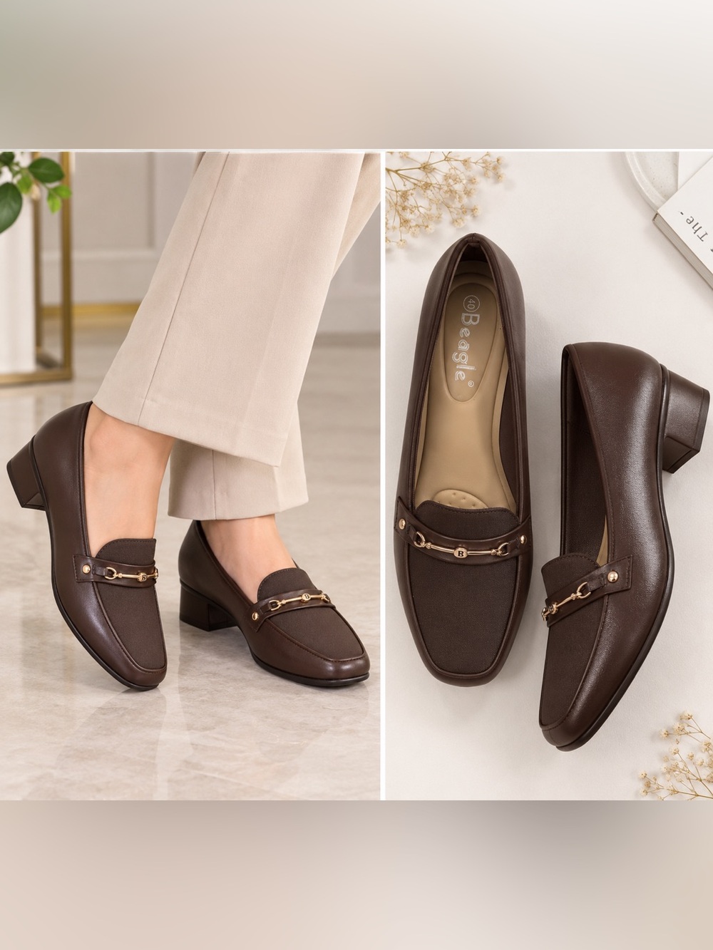 Brown Leather Block-Heel Loafers - Classic Women's Slip-On
